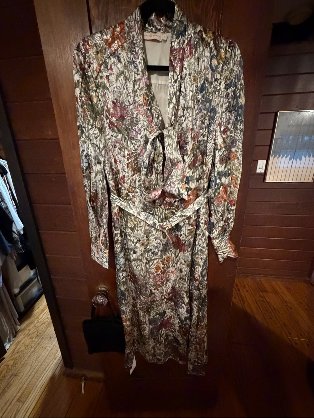 Tory Burch Cream Floral Metallic Long-Sleeve Belted Midi Dress Silk Blend - Picture 2 of 10